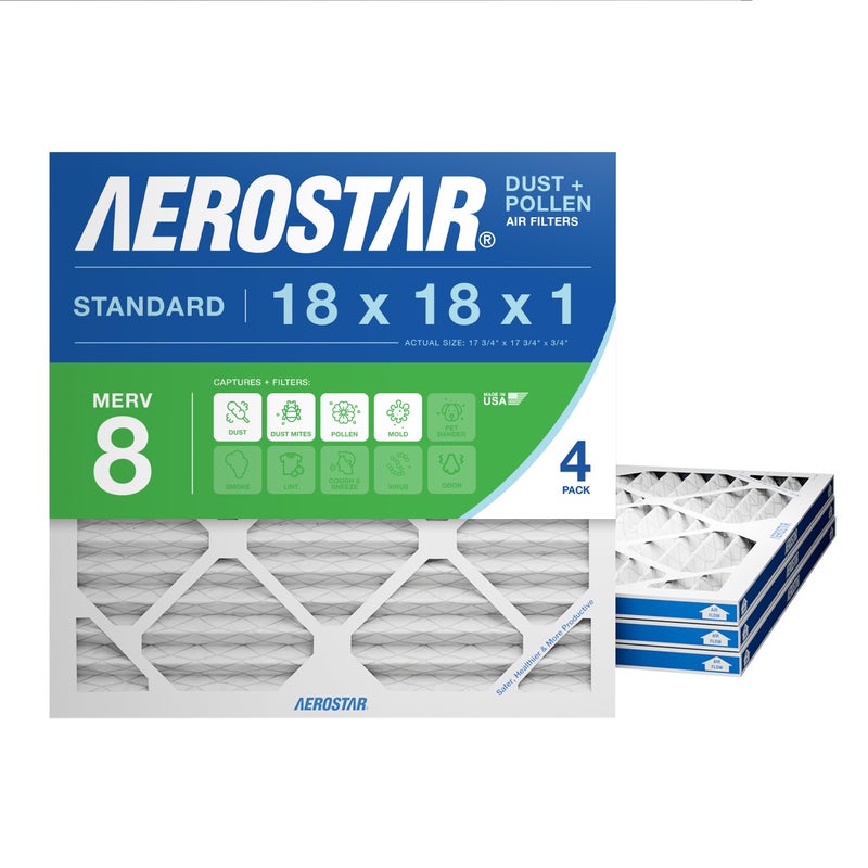 Aerostar 18x18x1 MERV 8 Air Filter, 4 Count, ACTUAL SIZE (17.50 x 17.50 x 0.75), HVAC, Air Conditioning & Furnace Filter Captures Dust, Lint & Pollen (MPR 600 / FPR 5), Made in USA - Image 1